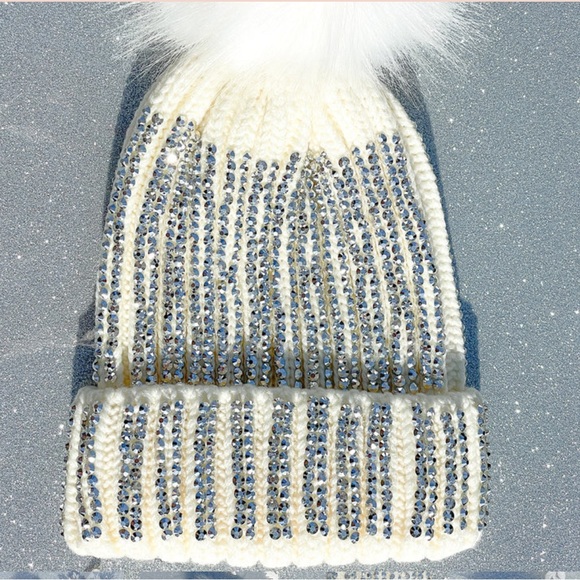 Knit Cable Rhinestone Beanie with Faux Fur Ball. Warm winter hat - Picture 4 of 5